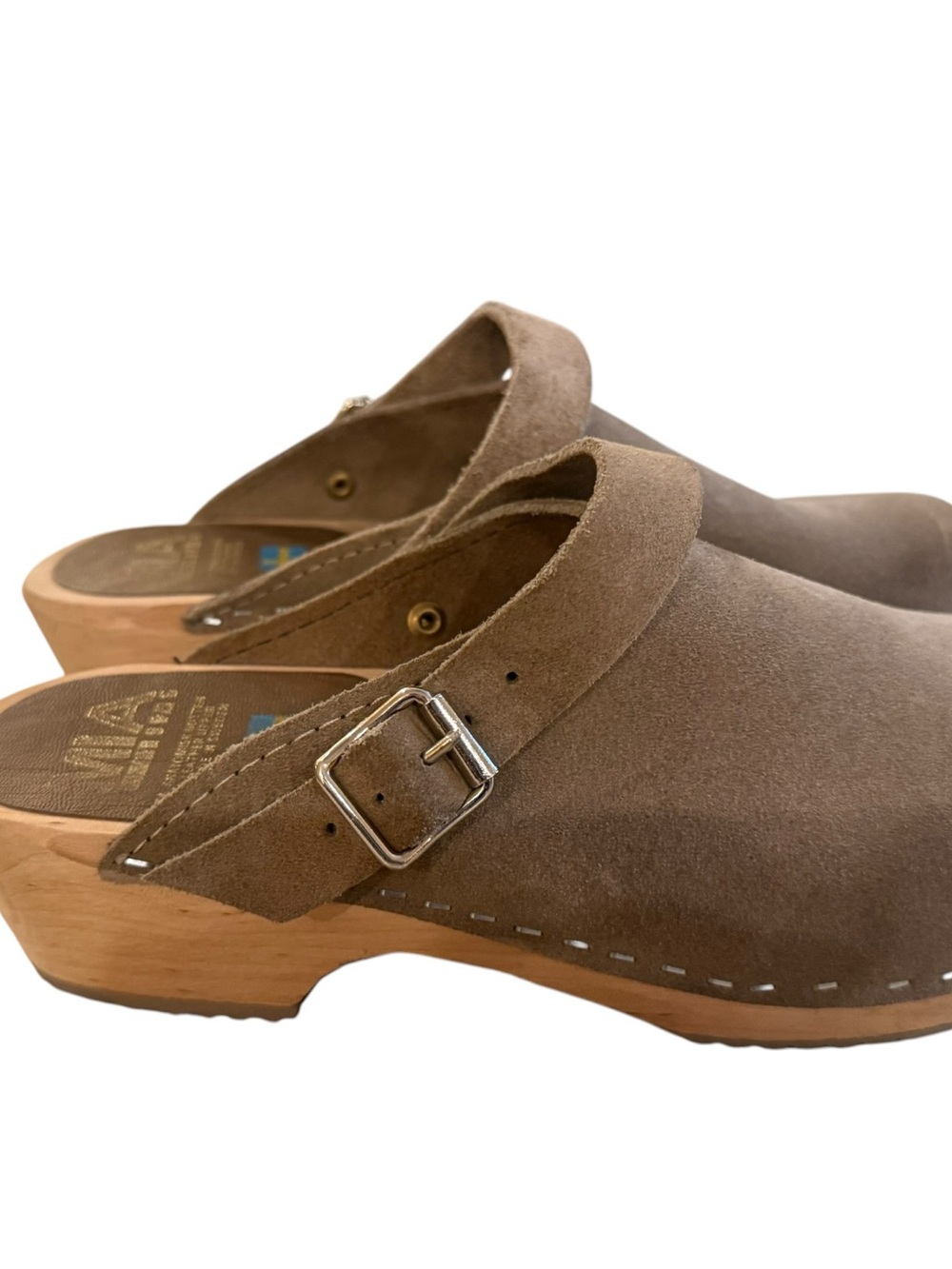 MIA Taupe Suede Clog Mules with Buckle Strap
